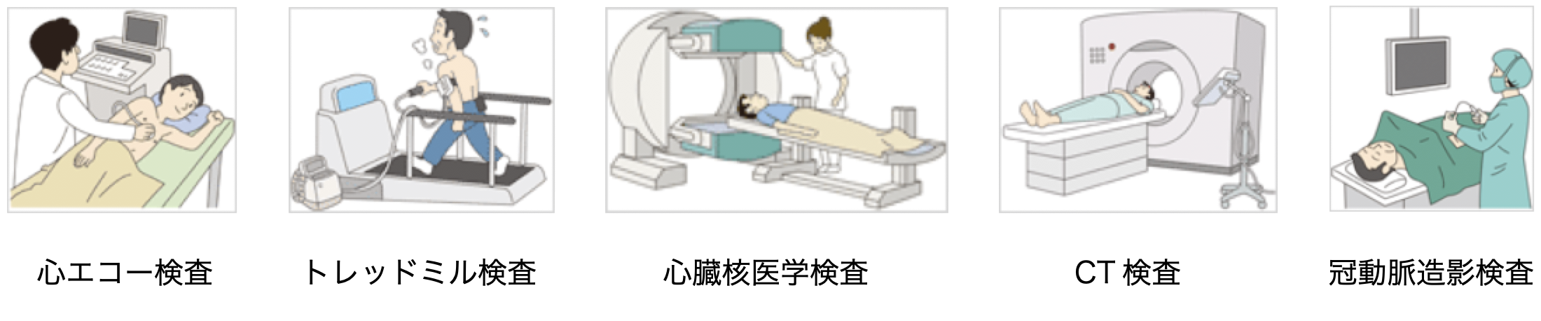 心エコー検査・トレッドミル検査・心臓核医学検査・CT検査・冠動脈造影検査 図版